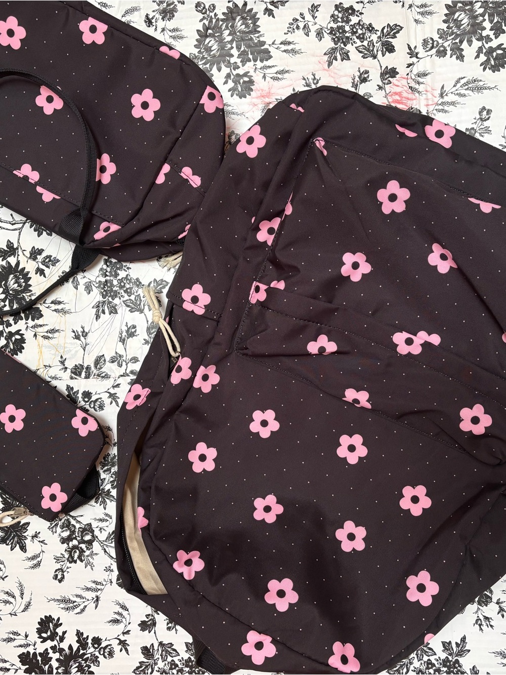 Pink Floral Print Women's Backpack Set - Black & Pink